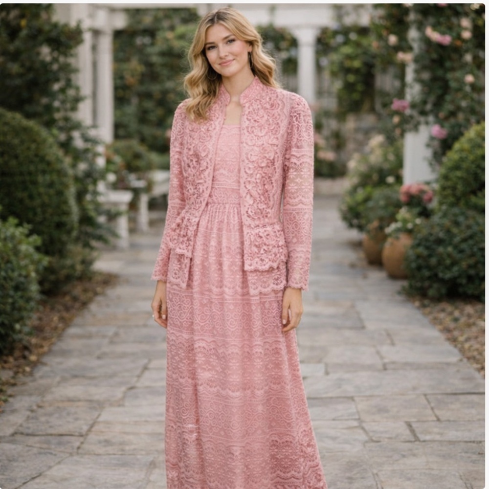 Vintage Pink Lace Maxi Dress with Matching Jacket Formal Evening Gown Set Pink